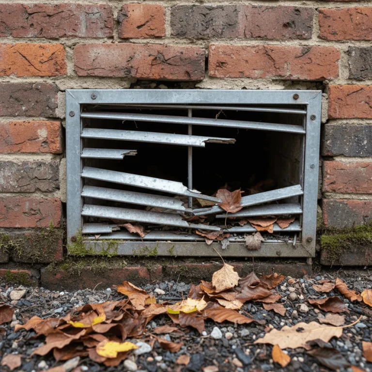 Nahaufnahme eines beschädigten Lüftungsgitters am Gebäudesockel mit sichtbarem Spalt zur Wand